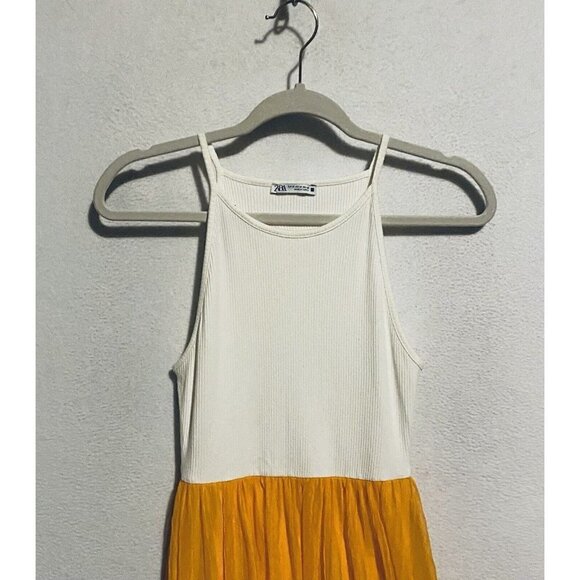 Zara Dress Womens Medium White Golden Yellow Pleated Combo Midi Flowy Boho - Picture 4 of 8